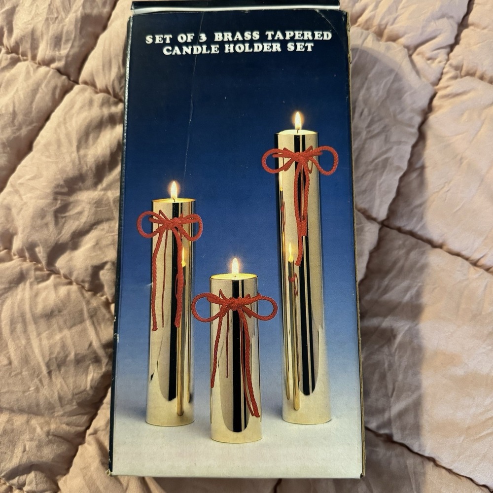 Set of 3 Brass Cylinder Tapered Candle Tea Lite Candle Holders Christmas MCM